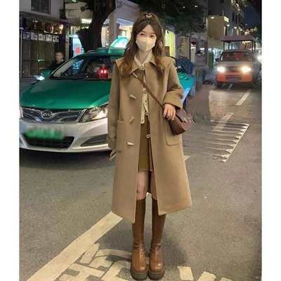 大码赫本风牛角扣毛呢外套女2025年秋冬新款中长款加厚呢子大衣