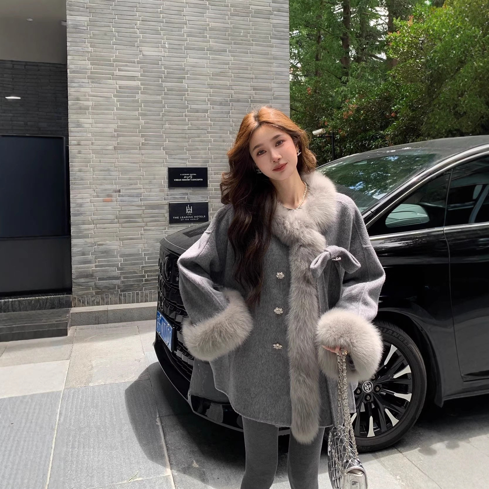 雪国千金真狐狸毛皮草双面羊毛呢子大衣蝴蝶结斗篷外套女小个子