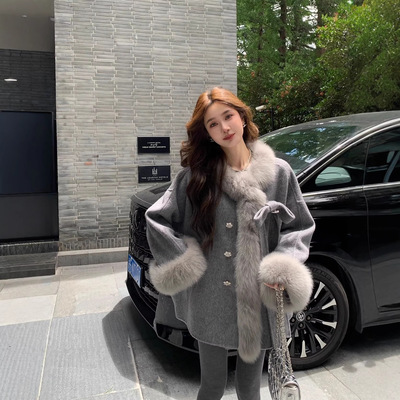 雪国千金真狐狸毛皮草双面羊毛呢子大衣蝴蝶结斗篷外套女小个子
