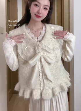 法式名媛外穿叠搭气质马甲背心女春季洋气荷叶领显瘦无袖开衫上衣