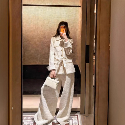 法式小香风白色粗花呢套装女2026春季千金风收腰外套阔腿裤两件套