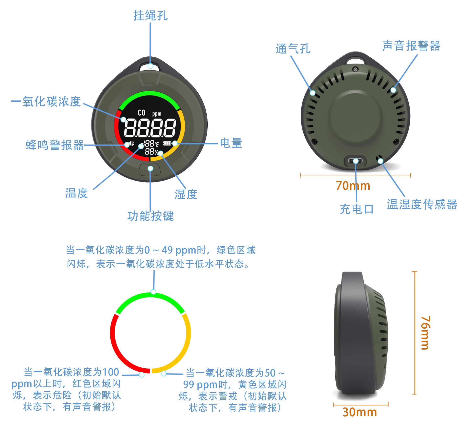 测小菲一氧化碳检测仪报警器家用户外露营煤炭煤烟探测中毒检测仪