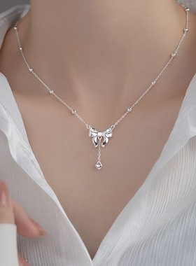 990纯银在逃公主蝴蝶结项链女纯银流苏甜美清新锁骨链