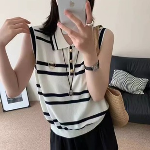 欧洲站夏季 背心女潮 新款 时髦撞色Polo翻领半开扣套头条纹显瘦无袖