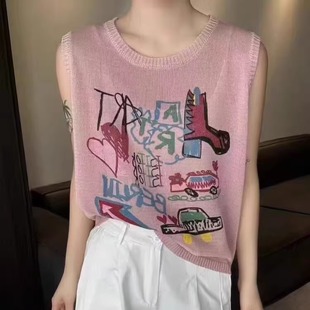 今年流行好看创意涂鸦短款 减龄薄上衣 亚麻针织背心女2025夏季 新款