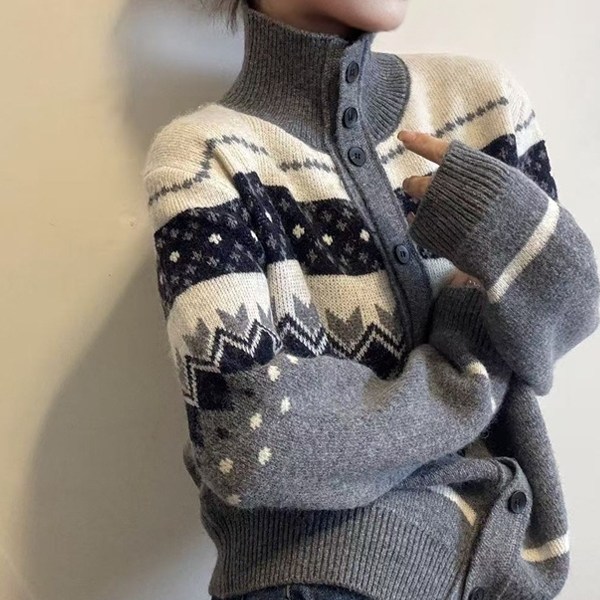 费尔岛高领撞色提花针织开衫女