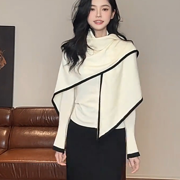 韩系穿搭真两件三角披肩针织衫