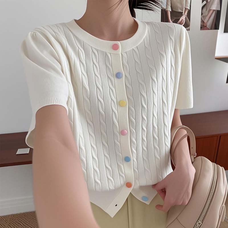 韩版纯色圆领彩色纽扣短袖针织衫女2025夏季新款麻花收腰减龄上衣