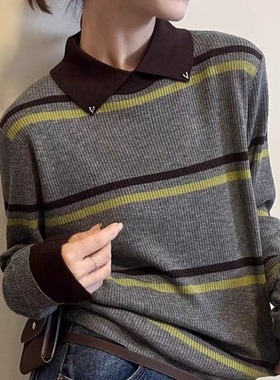 复古拼色条纹翻领长修针织衫女2025秋冬新款袖口开叉时尚百搭毛衣