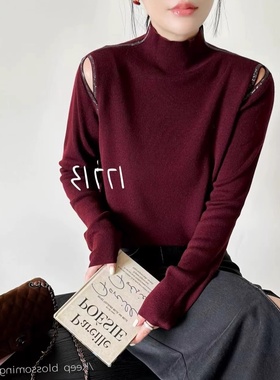欧洲站复古红重工镶钻露肩半高领细羊毛针织衫女春季新款百搭毛衣