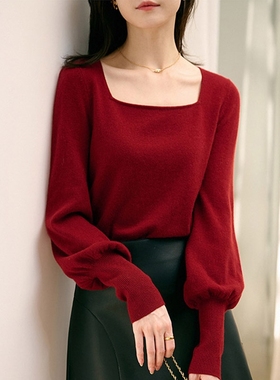 红色灯笼袖针织衫女2025春秋高级感方领短款毛衣内搭女打底衫上衣