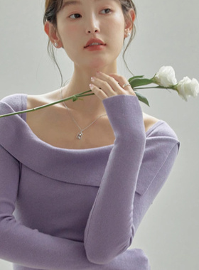 清仓特卖捡漏法式紫色针织衫女2024早秋新款一字肩高级感显瘦上衣