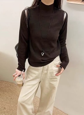 半高领细羊毛针织衫女欧洲站2025冬季时尚重工烫钻肩镂空打底上衣