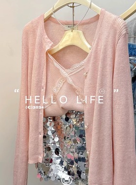 2025早秋新款纯欲穿搭套装女薄款针织开衫蕾丝拼接吊带背心两件套