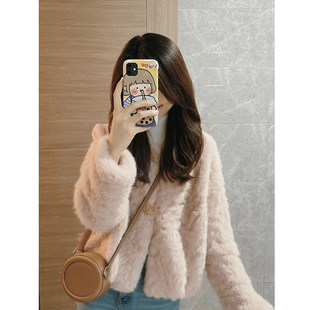 绝美巨好看的冬装粉色温柔风小个子短款加绒加厚羊羔毛绒外套女款