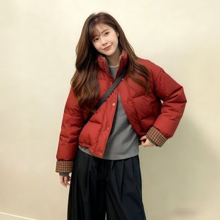 红色格子翻领羽绒面包服女2025冬季新款小个子加厚白鸭绒短款外套