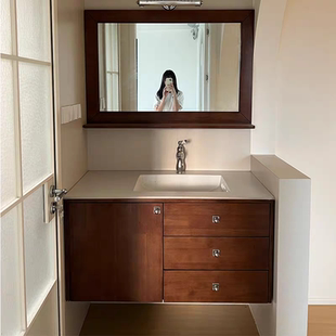 小红书同款橡木烤漆中古风浴室柜组合陶瓷一体盆洗脸洗漱台盆定制