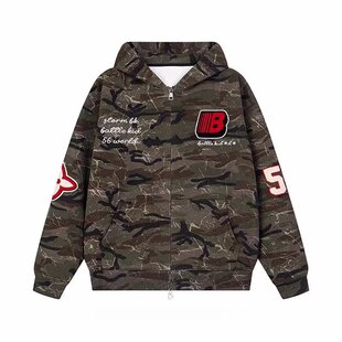 大码胖MM迷彩斑纹卫衣女春秋季网红潮牌重磅拉链开衫连帽情侣外套