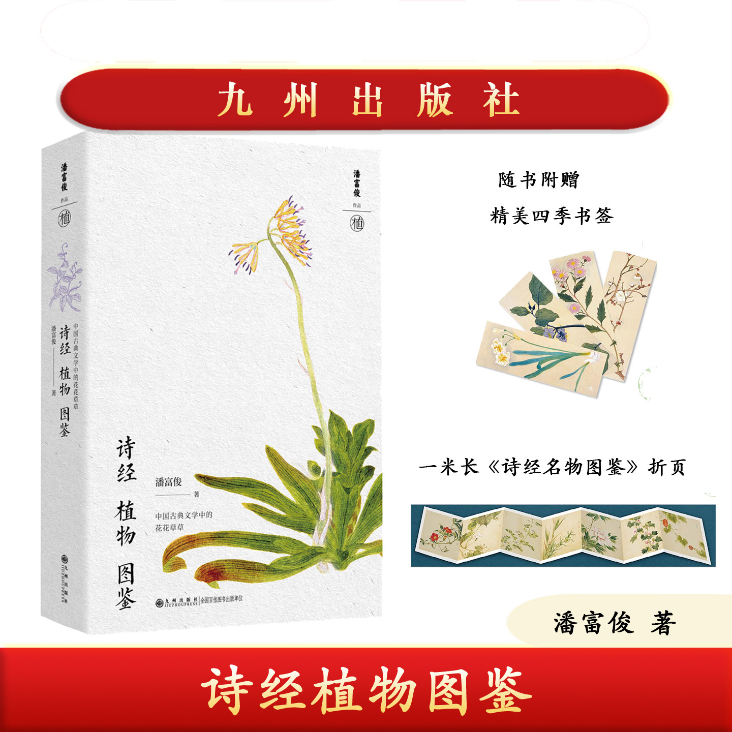 正版 诗经植物图鉴 潘富俊著 《诗经》中的草木奥秘 随书附赠精美四季书签 1米长《诗经名物图解》彩绘折页 九州出版社