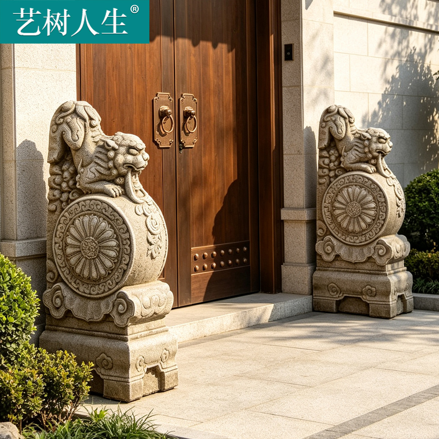 中式仿古汉白玉狮子抱鼓石一对