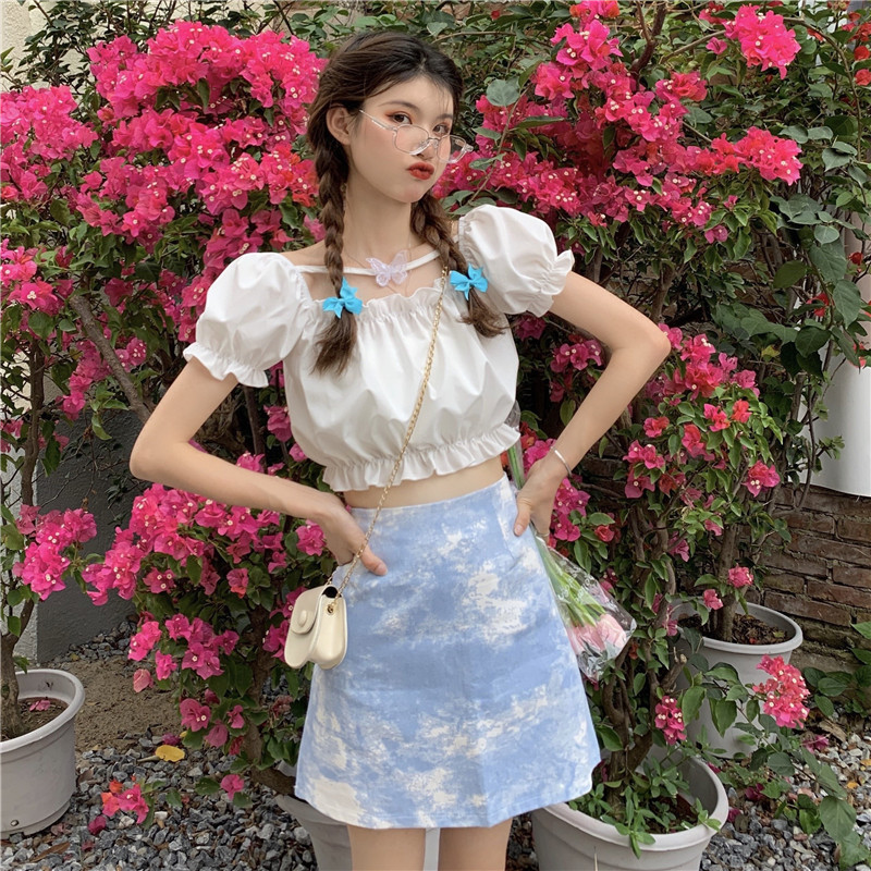 Two piece short sleeve shirt with butterfly square collar