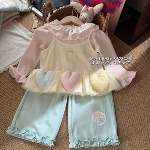 女童套装春秋新款韩版甜美立体爱心吊带三件套秋季洋气套装女宝宝