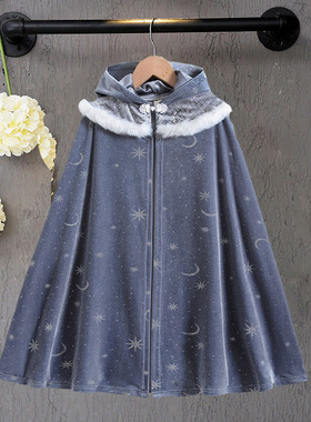 女童中长款斗篷冰雪奇缘灰色秋冬儿童保暖连帽披肩女童外搭披风厚