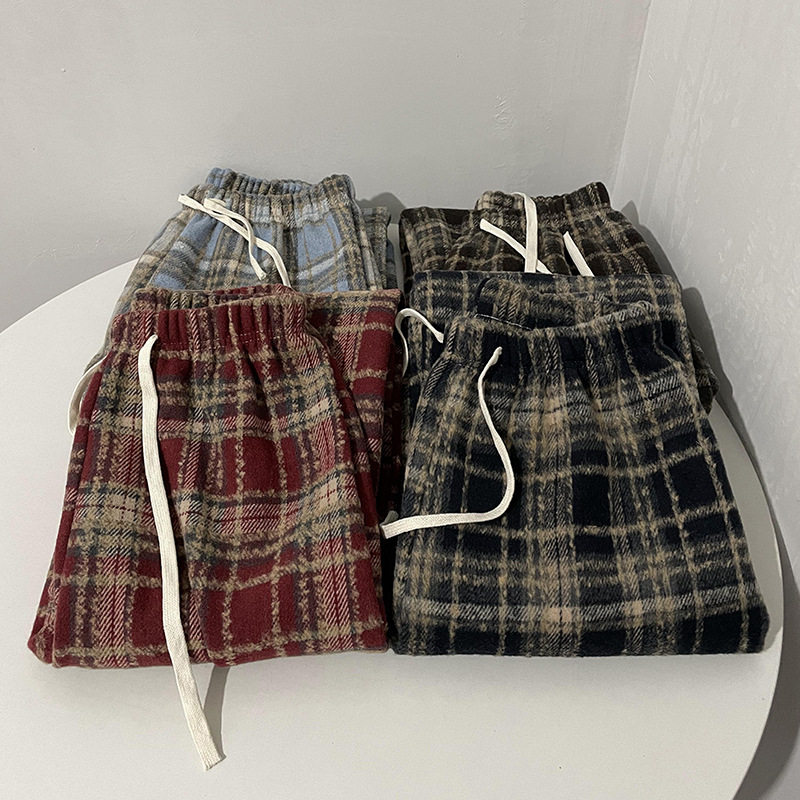 红色毛呢格子阔腿裤子女秋冬加绒加厚中高腰显瘦垂坠感休闲直筒裤