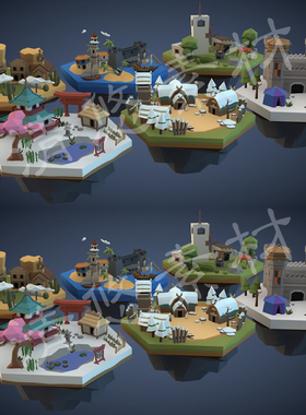 6个多边形卡通LowPoly场景maya c4d fbx城堡古建筑沙漠 非实物924