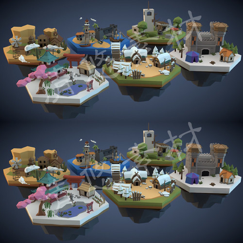 6个多边形卡通LowPoly场景maya c4d fbx城堡古建筑沙漠 非实物924
