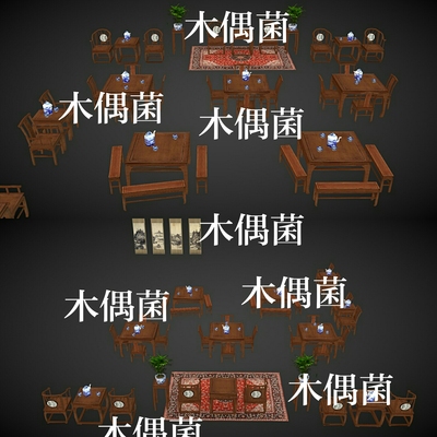3dmax c4d fbx obj古代茶馆桌椅字画茶壶碗简模文件 非实物C324