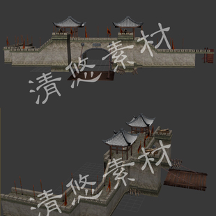 古代建筑3dmax fbx格式城墙围墙城门模型文件 744