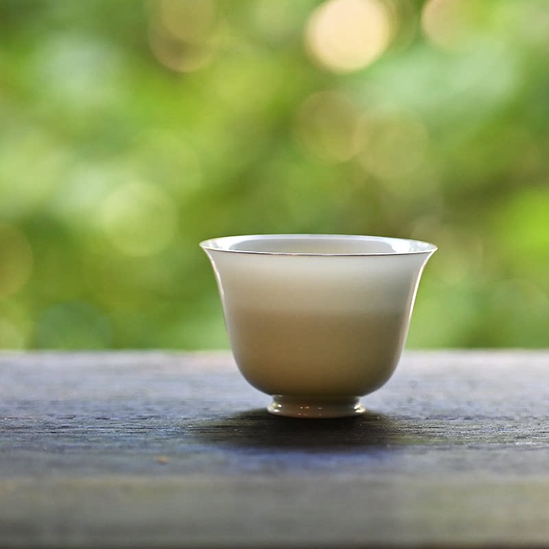 沁茗堂 纯白瓷描银撇口杯 薄胎不烫手品茗杯纯手工功夫茶具主人杯