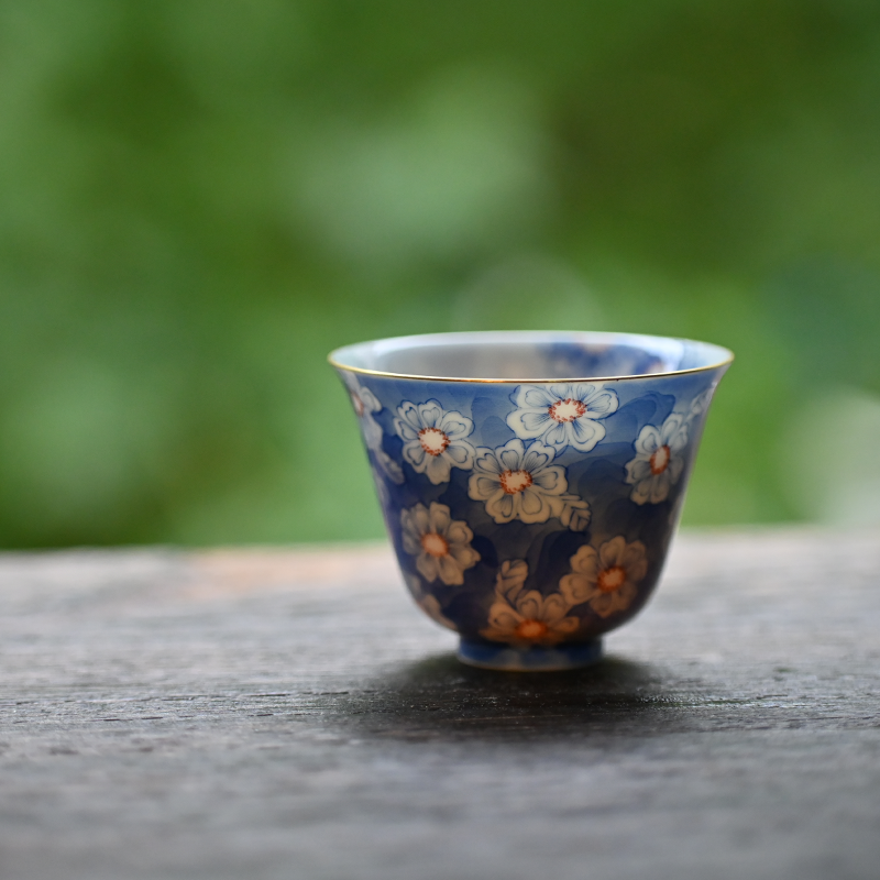 沁茗堂 描金青花百花杯 纯手工手绘薄胎不烫手功夫茶具茶杯不烫手