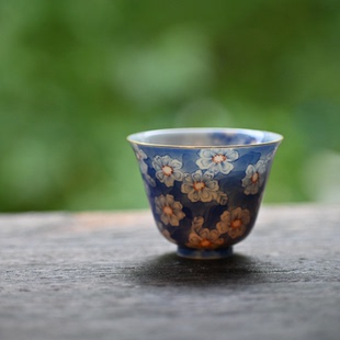 沁茗堂 描金青花百花杯 纯手工手绘薄胎不烫手功夫茶具茶杯不烫手