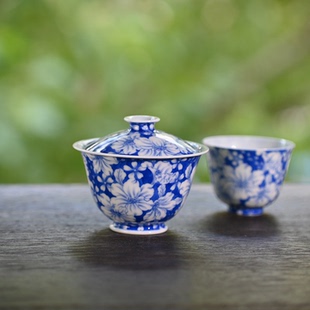 沁茗堂 景德镇青花山茶花泡茶碗手绘功夫茶具陶瓷单个纯手工盖碗