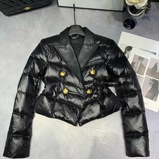 黑色短款拼接西装领羽绒服小个子双排扣修身显瘦保暖棉衣外套气质