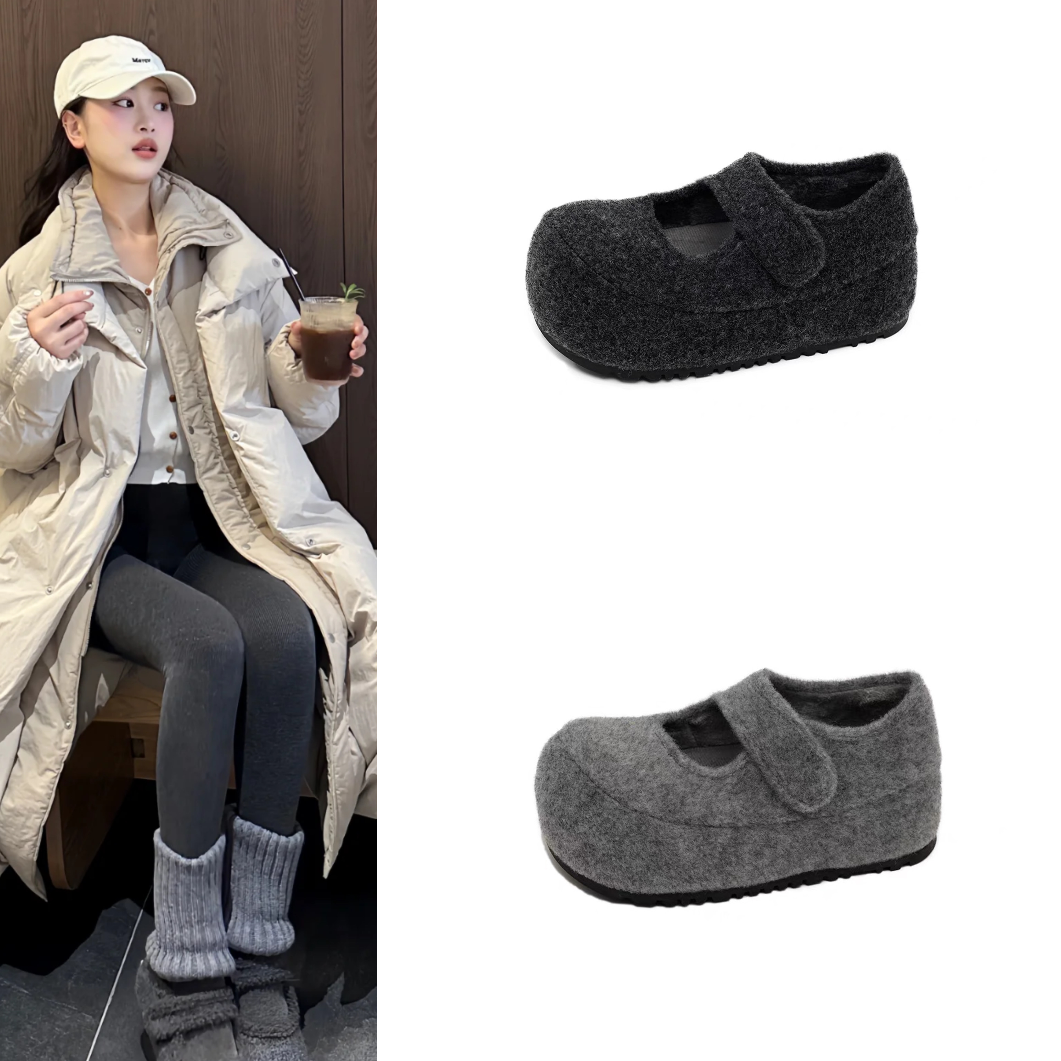 网红同款玛丽珍毛毛鞋复古内增高厚底毛绒单鞋休闲增高保暖棉鞋女