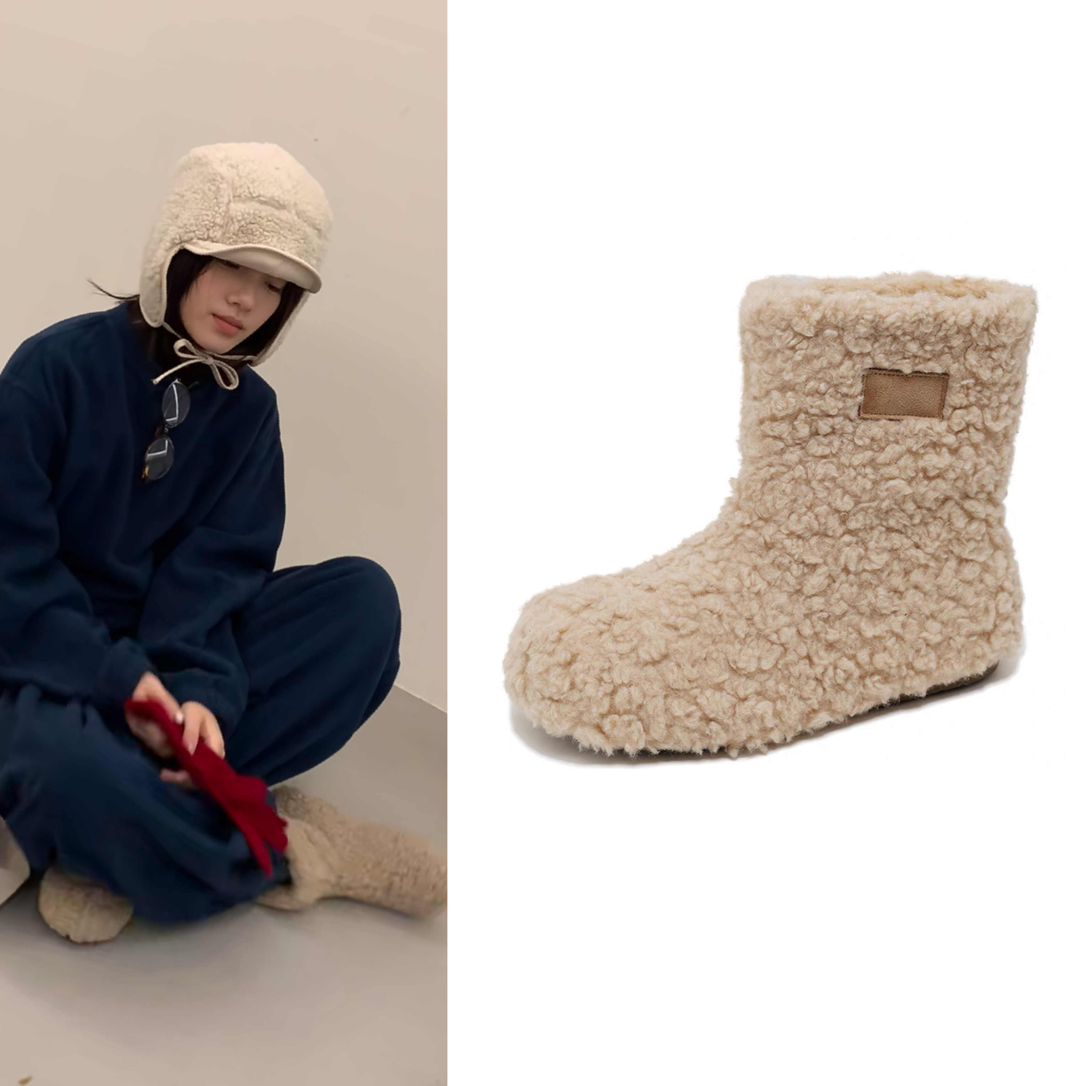 网红同款加绒加厚雪地靴女平底秋冬保暖羊羔毛棉靴舒适短筒毛毛靴