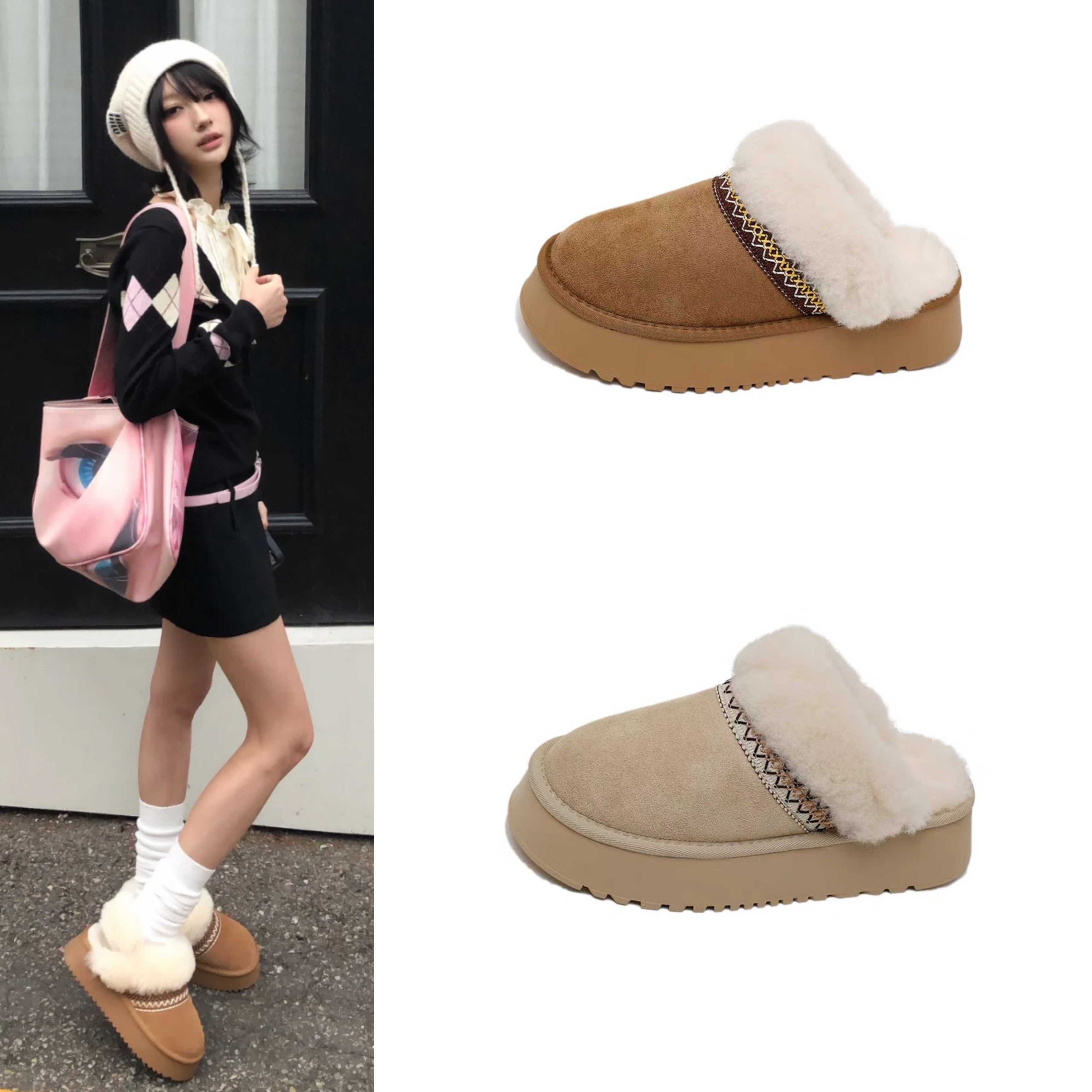 网红同款厚底加绒雪地靴民族风刺绣包头棉拖外穿保暖包头毛毛鞋女