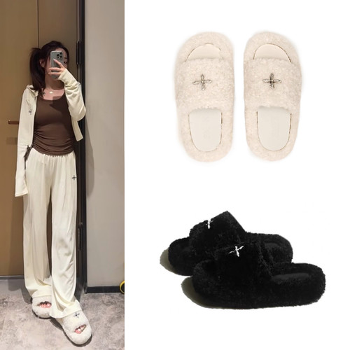 赵露思同款十字白色毛毛拖外穿羊羔毛厚底增高毛绒懒人一字棉拖鞋