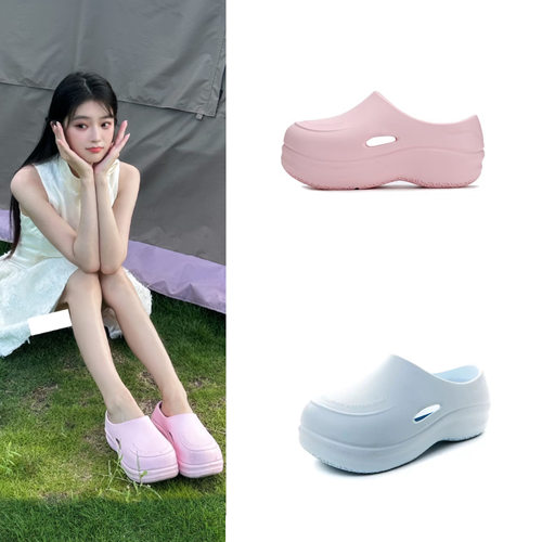 赵露思同款粉色厨师鞋外穿休闲穆勒鞋厚底包头半拖凉鞋增高洞洞鞋