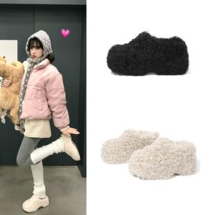 赵露思同款高跟毛毛鞋外穿厚底增高毛毛拖包头毛拖鞋羊羔毛棉鞋女