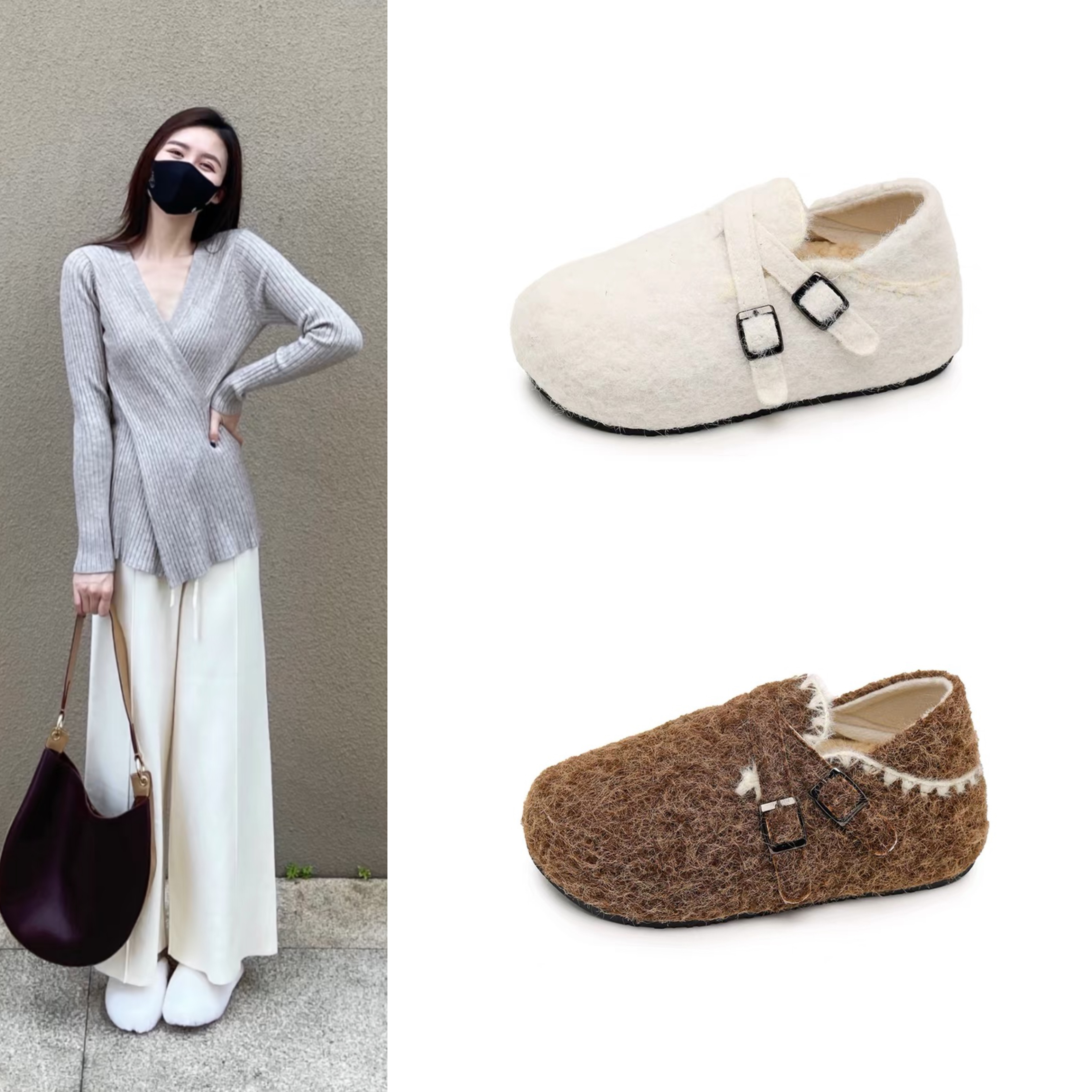 网红同款毛毛鞋厚底玛丽珍毛呢棉鞋外穿勃肯鞋外穿厚底保暖包头拖