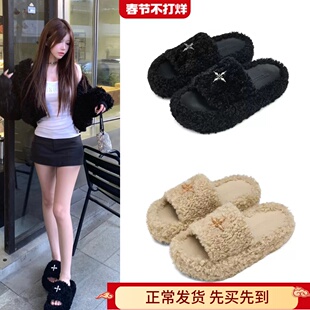 秋冬赵露思同款十字毛毛拖鞋法式小香风厚底一字毛绒拖鞋外穿棉拖