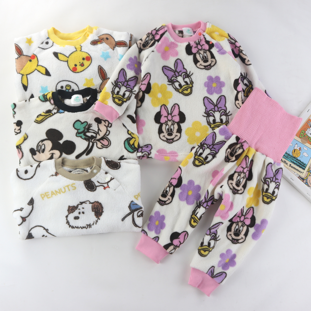 出口日单秋冬儿童法兰绒家居服护肚套装卡通保暖睡衣睡裤80-100