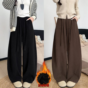 小个子高腰显瘦休闲阔腿长裤 女加厚灯芯绒弯刀裤 子冬装 黑色加绒裤