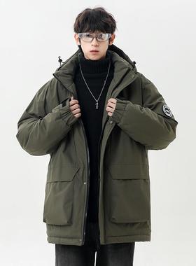 男士棉服加绒加厚石墨烯潮工装大码宽松棉衣连帽冬季保暖冬衣外套