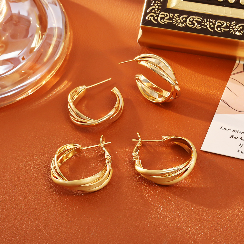 欧美风3层缠绕麻花耳钉创意设计高级感时尚简约INS风耳饰重工