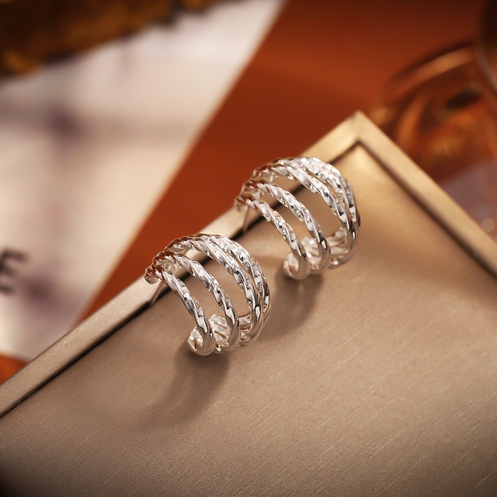 欧美跨境银色多层纹理耳环高级感时尚轻奢C圈耳饰女冷淡INS风